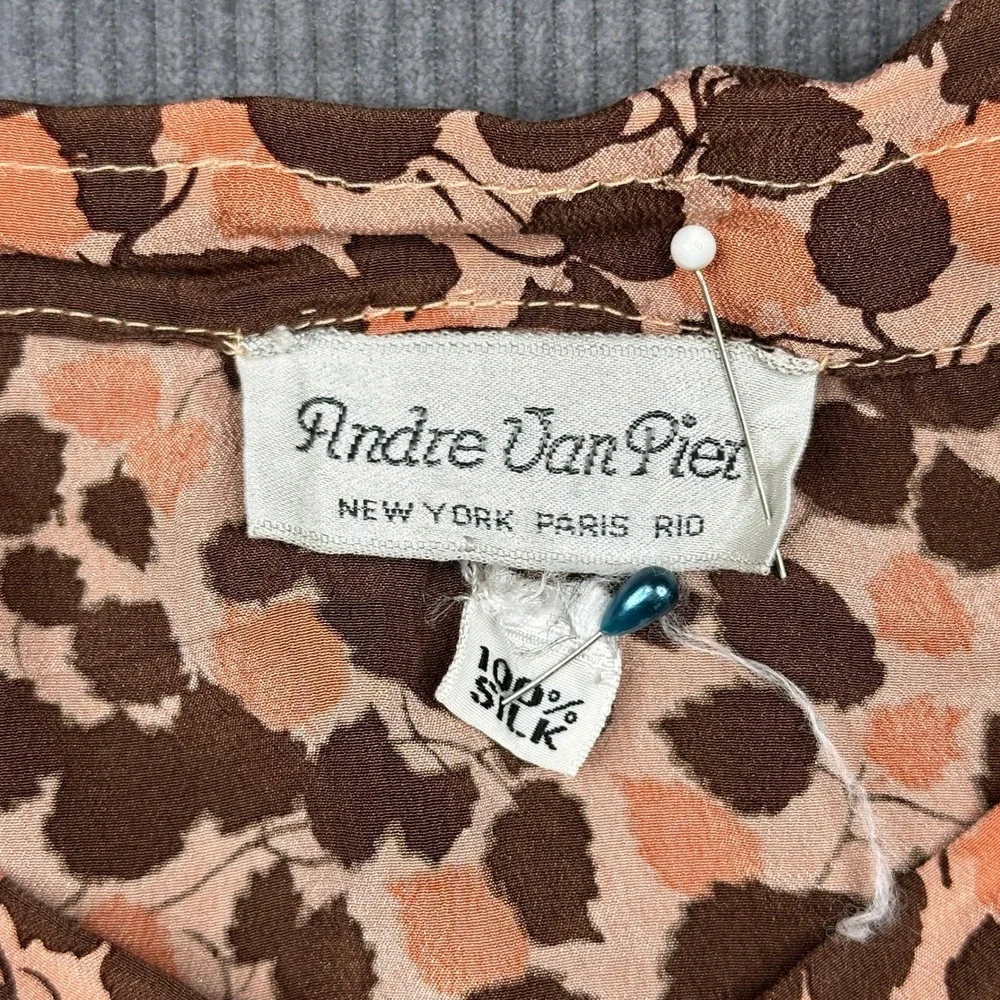 Andre Van Pier 100% Silk Maxi Skirt Brown Peach Floral Leaf Print High Waist